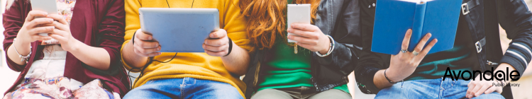 Four teens are shown sitting, each holding an item. In order: a cell phone, a tablet, a cell phone, and a book.