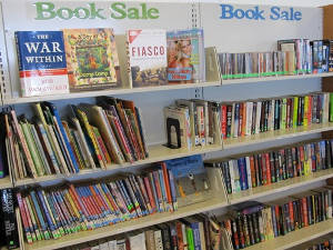 Used book sale shelves at Civic Center Library