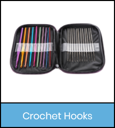 Pouch of mult-colored crochet hooks in blue frame image with link to catalog record