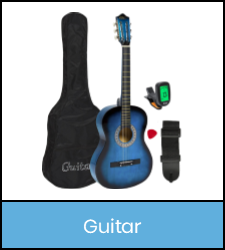 Acoustic guitar with case, pick, strap, and tuner in blue frame image with link to catalog record