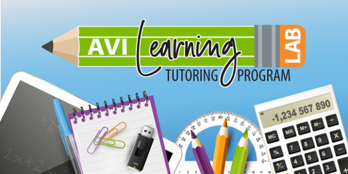 "Avi Learning Lab Tutoring Program" logo text with pencil and school supplies