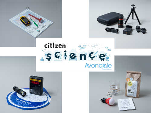 "Citizen Science Avondale Public Library" logo over science kits